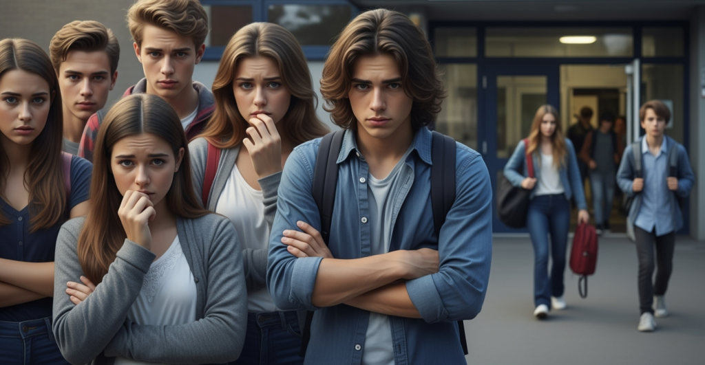 Junge Menschen vor einem Schulgebäude (Bild KI-generiert)